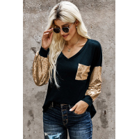 Sequin Splicing Black V Neck Bishop Sleeves Top