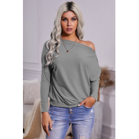 Gray Off Shoulder Ribbed Texture Raglan Long Sleeve Top