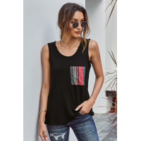 Black Casual Women Tank Top with Multicolor Pocket