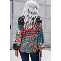 Green Bohemian Floral Print Patchwork Top