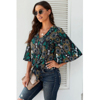 Black Floral Print Button Tie Top