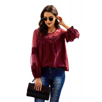 Red Fashion Lantern-Sleeve Lace Patchwork Top