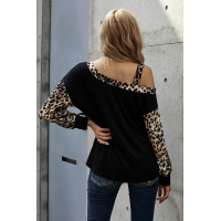 Dew Shoulder Leopard Stitching Long-sleeved Blouse