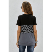 Black Leopard Print Color Block Short Sleeve T-Shirt