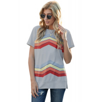 Gray Colorful Wavy Stripes Print Short Sleeve Tee