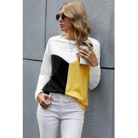 Yellow Color Block Splicing O-Neck Blouse