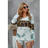 Green Tie Dye Print Leopard Splicing V Neck Long Sleeve Top