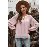 Pink V Neck Lantern Sleeve Textured Solid Top