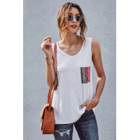 White Casual Women Tank Top with Multicolor Pocket