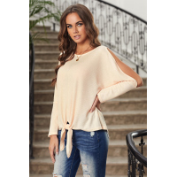 Apricot Waffle Knit Front Tie Cold Shoulder Long Sleeve Top