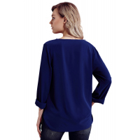 Navy Turndown Collar Asymmetric Button Up Blouse