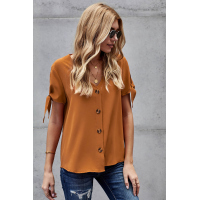 Orange Casual Tie Knot Short Sleeve V-Neck Button Chiffon Blouse