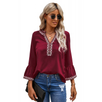 Red Boho Floral V Neck Long Sleeve Casual Top