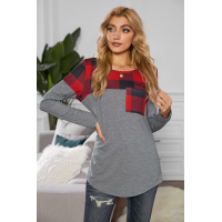 Red Buffalo Plaid Splicing Long Sleeve Top