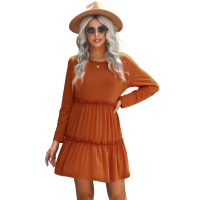 Orange Long Sleeve Ruffled Solid Swing Mini Dress