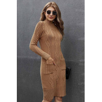 Brown High Neck Textured Bodycon Sweater Dress