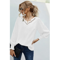 V Neck Lace Patchwork White Blouse