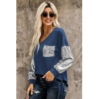 Sequin Splicing Blue V Neck Bishop Sleeves Top