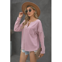 Pink V Neck Washed Grommet Top