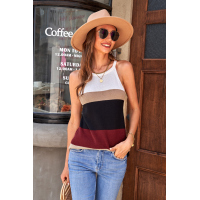 Wine Red Color Block Knitted Tank Top