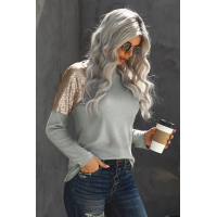 Gray Sequin Shoulder Long Sleeve Top