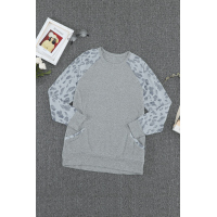 Gray Leopard Print Raglan Sleeve Casual Top