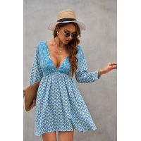 Sky Blue V Neck 3/4 Sleeve Bohemian Vintage Print Mini Dress