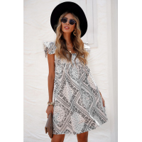 Square Neck Flutter Sleeve Bohemian Print Mini Dress