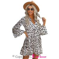 White Leopard Print V neck Ruffle Swing Mini Dress