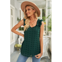 Green Swiss Dot Woven Sleeveless Top With Ruffled Straps