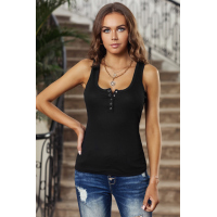 Black Sleeveless Scoop Neck Button Tank Top