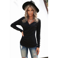 Black V Neck Ribbed Textured Pleated Top with Buttoned Long Sleeves