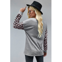 Gray Crisscross V Neck Leopard Sleeve Blouse