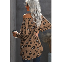 Brown Crew Collar Leopard Print High/Low Hem Long Sleeve Top