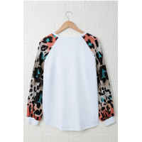 White Colorful Leopard Splicing Long Sleeve Top