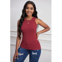 Solid Red Round Neck Ribbed Tank Top