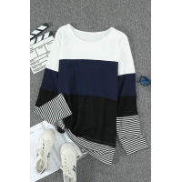 Blue Stylish Colorblock Splicing Stripes Top