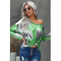 V-neck Knotted Green Tie-dye Top