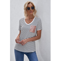 V Neck Striped T-shirt with Patch Pocket