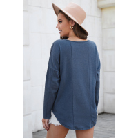 Blue V Neck Washed Grommet Top