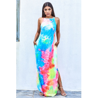 Multicolor Tie-dye Sleeveless Maxi Dress with Pockets