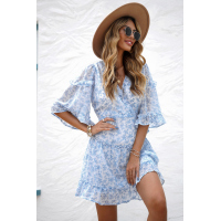 Sky Blue Lace-up Back Ruffled Floral Print Dress