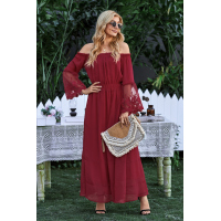 Wine Off Shoulder Embroidered Flared Sleeve Lace Maxi Dress