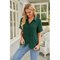 Green Buttoned Swiss Dot Turn-down Collar Short Sleeve Shirt