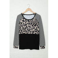 Striped Leopard Splicing Black Long Sleeve Top