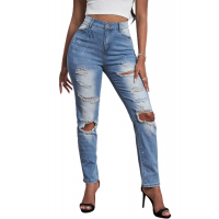 Light Blue Ripped Straight Leg Jeans