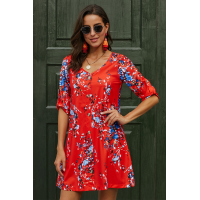 Orange V Neck 3/4 Roll Sleeve Button Floral Dress