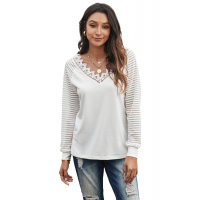 White Deep V-neck Lace Stripe Long Sleeve Top