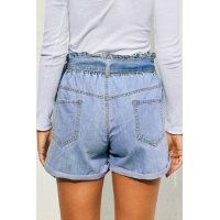 Light Blue Paper Bag Waist Denim Shorts