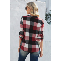 Red Contrast Plaid V Neck Long Sleeve Top